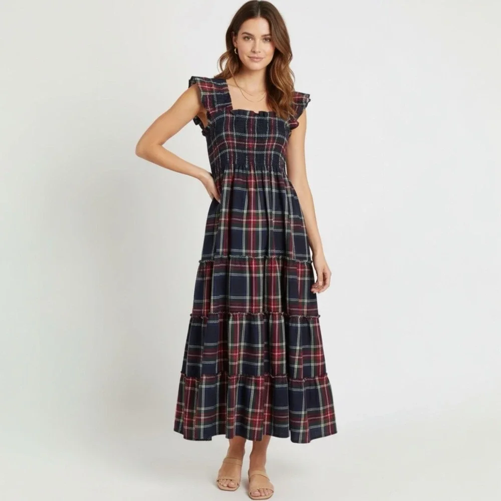 Hill House Ellie Midi Nap Dress Navy Tartan Plaid Size Large - Picture 1 of 10
